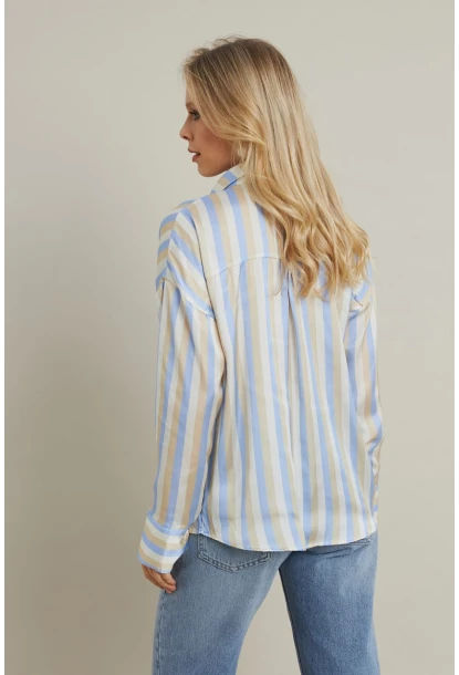 Kadın Vanilya-Mavi Desenli Saten Gömlek MSHR9