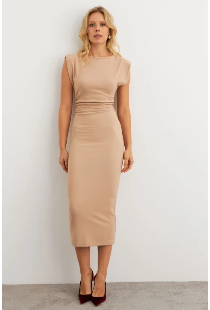 Kadın Vanilya Omuzları Vatkalı Drape Maxi Elbise KED4252