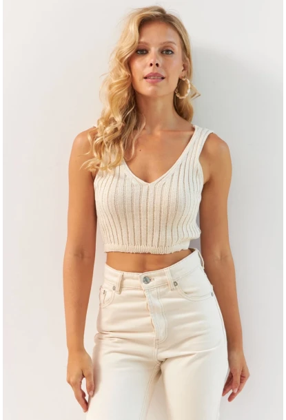Kadın Vanilya Ön Arka V Triko Crop Bluz MP20136