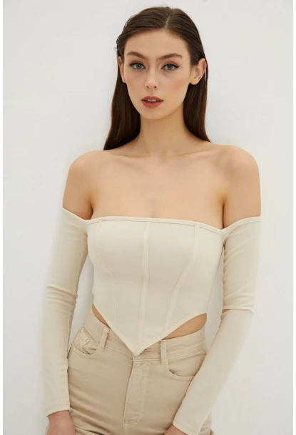 Kadın Vanilya Sırt Fermuarlı Crop Bluz B518