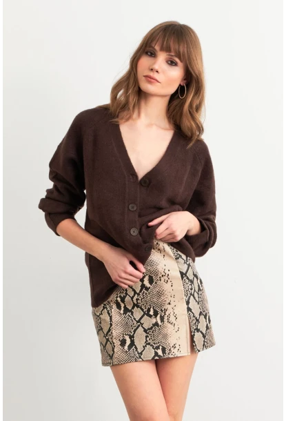 Kadın Vanilya-Siyah Suni Deri Yılan Desenli Mini Etek NH24475