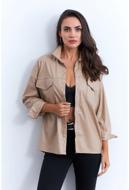 Kadın Vanilya Suni Deri Gömlek HO56