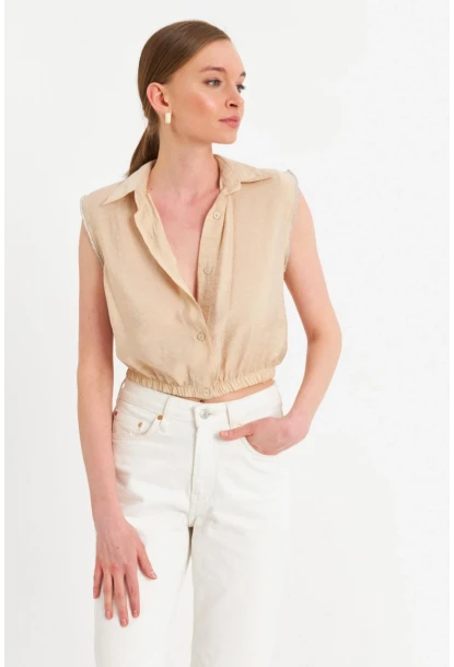 Kadın Vanilya Taş Detaylı Crop Gömlek SUN200