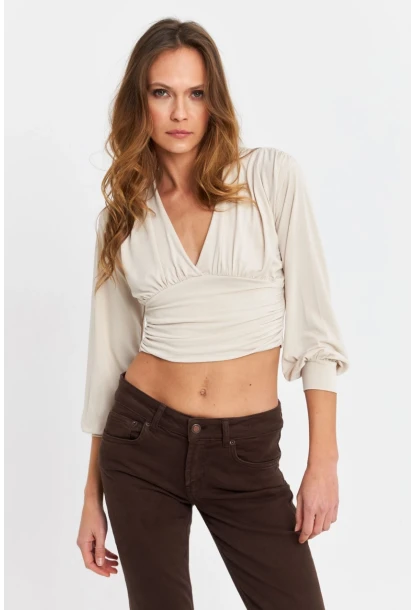 Kadın Vanilya V Yaka Büzgülü Crop Bluz SB309-90