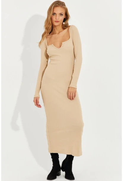 Kadın Vanilya V Yaka Maxi Kaşkorse Elbise EY1086