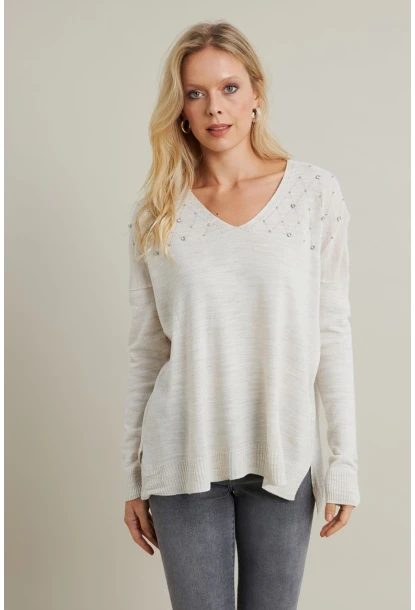 Kadın Vanilya V Yaka Taşlı İnce Triko Bluz MYİL002