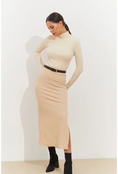 Kadın Vanilya Yandan Yırtmaçlı Midi Etek BK1600