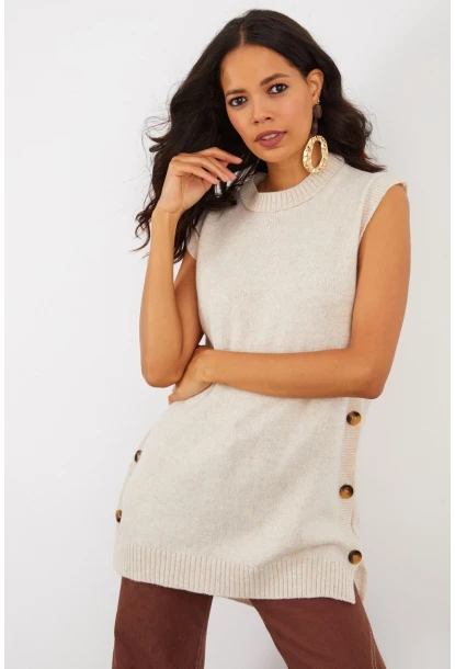 Kadın Vanilya Yanları Düğmeli Kolsuz Triko Tunik YV75