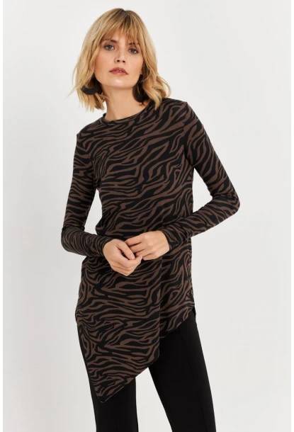 Kadın Vizon Asimetrik Zebra Desenli Tunik MLPP1186-1