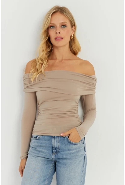 Kadın Vizon Büzgülü Madonna Bluz MON1119