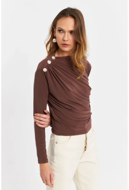 Kadın Vizon Düğme Detaylı Büzgülü Bluz LPP1223-1