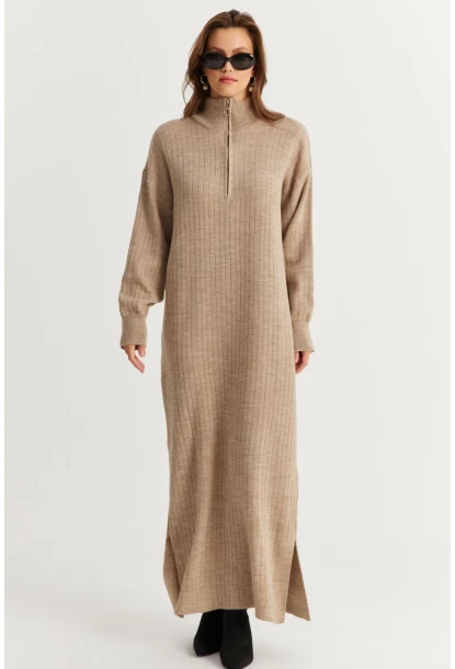 Kadın Vizon Yakası Fermuarlı Triko Maxi Elbise MNUV10