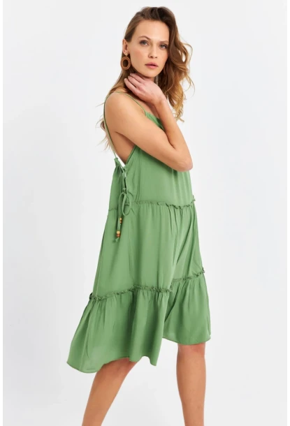 Kadın Yeşil Beli İpli Midi Elbise PC22756