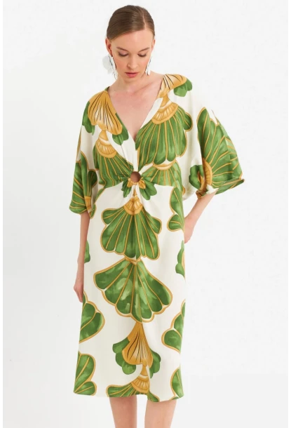 Kadın Yeşil-Beyaz Desenli Pencereli Midi Elbise Q1003