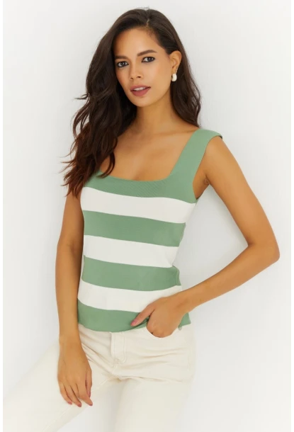 Kadın Yeşil-Beyaz Kare Yaka Triko Bluz YV80