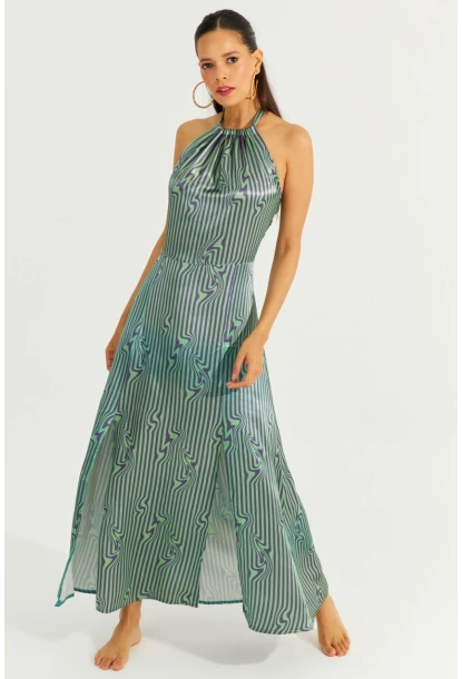 Kadın Yeşil Boyun Bağlamalı Sırtı Gipeli Maxi Elbise BK1664