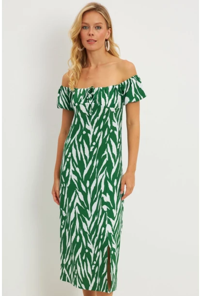 Kadın Yeşil Bürümcük Büzgülü Midi Elbise DY105