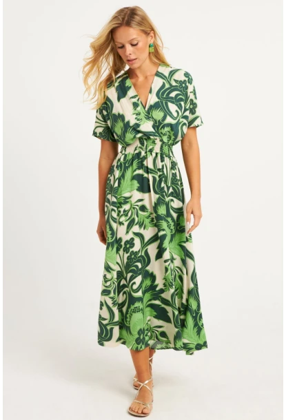 Kadın Yeşil Desenli Gipeli Midi Elbise YZ1055