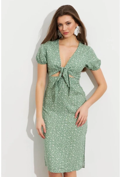 Kadın Yeşil Desenli Pencereli Midi Elbise Q1013