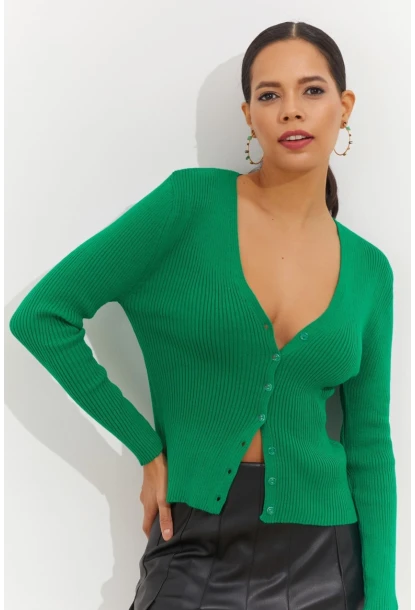 Kadın Yeşil Düğmeli Triko Bluz YV94