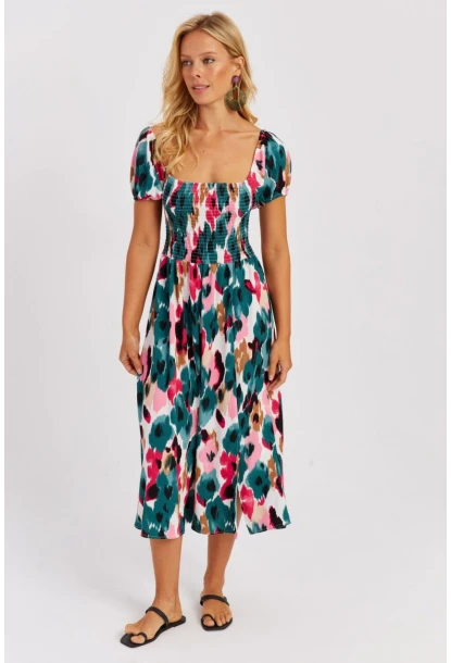 Kadın Yeşil Gipeli Desenli Midi Elbise MON126