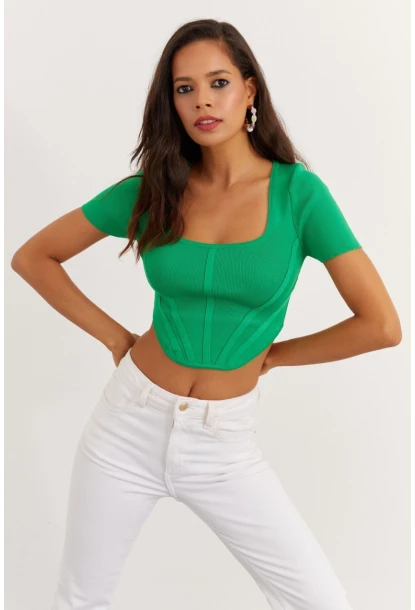 Kadın Yeşil Kare Yaka Triko Bluz TEM95