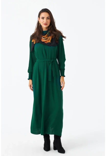 Kadın Yeşil Kolları Pileli Kemerli Maxi Elbise MASF124