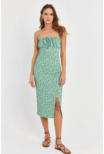 Kadın Yeşil Önü Bağlamalı Midi Elbise MTK10546