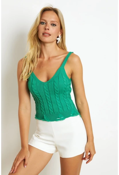 Kadın Yeşil Örgülü V Yaka Triko Bluz KAZ05
