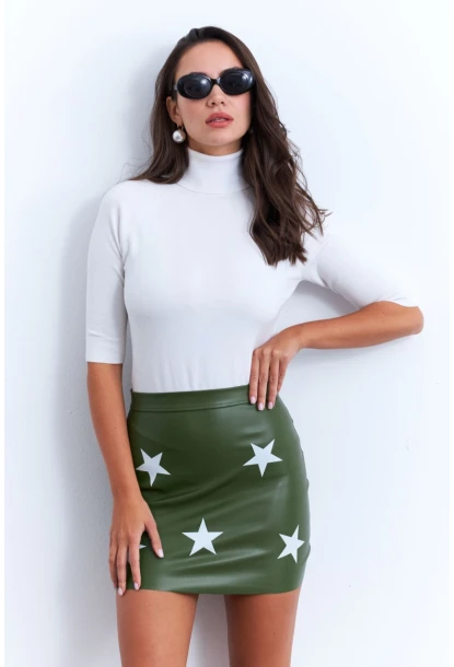 Kadın Yeşil Suni Deri Desenli Mini Etek NH92