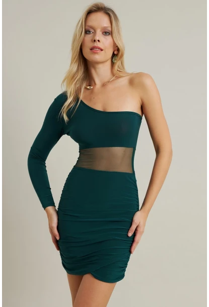 Kadın Zümrüt Yeşil Drapeli Tül Detaylı Mini Elbise ELT3850