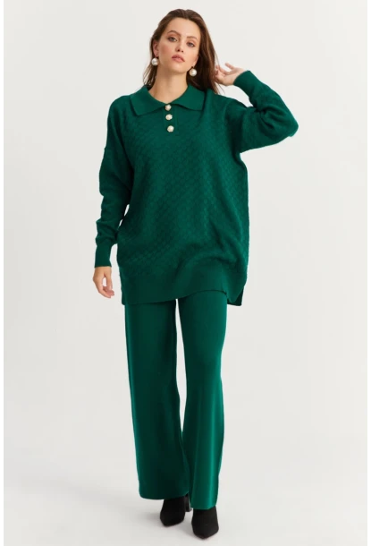 Kadın Zümrüt Yeşil İnci Düğmeli Triko Alt Üst Takım NUV33