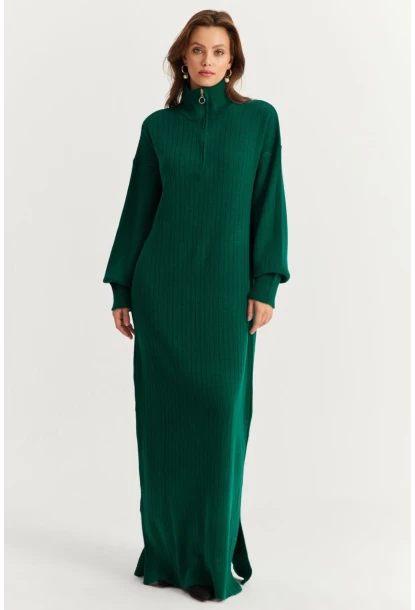 Kadın Zümrüt Yeşil Yakası Fermuarlı Triko Maxi Elbise MNUV10