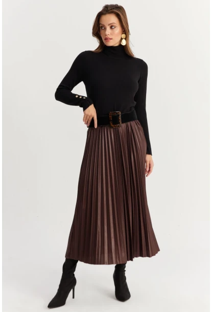 Kadın Acı-Kahve Beli Lastikli Pilise Etek MGÇ190