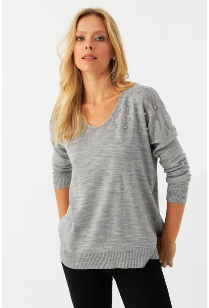 Kadın Açık Gri V Yaka Taşlı İnce Triko Bluz YİL002