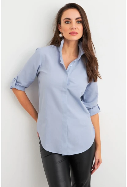 Kadın Açık-Mavi Gizli Düğmeli Uzun Gömlek SF2001