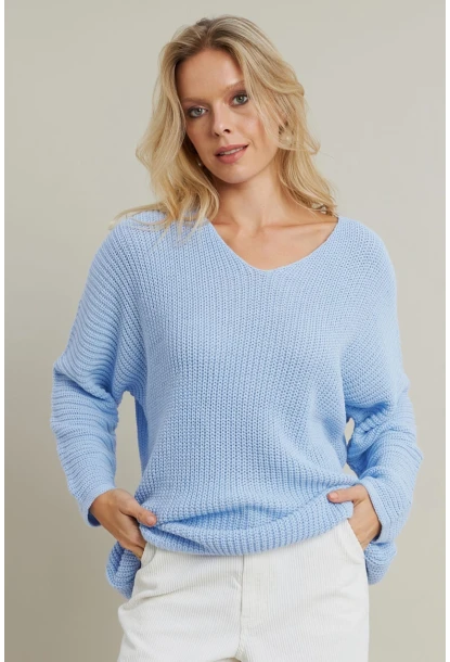 Kadın Açık-Mavi V Yaka Salaş Triko Bluz SMT158