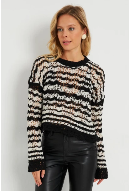 Kadın Ajurlu Triko Bluz Beyaz-Siyah YZ619