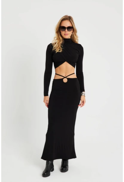 Kadın Alt Üst Büzgülü Crop Takım Siyah YEL86