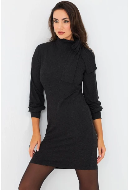 Kadın Antrasit Boyundan Bağlamalı Midi Elbise EY2971