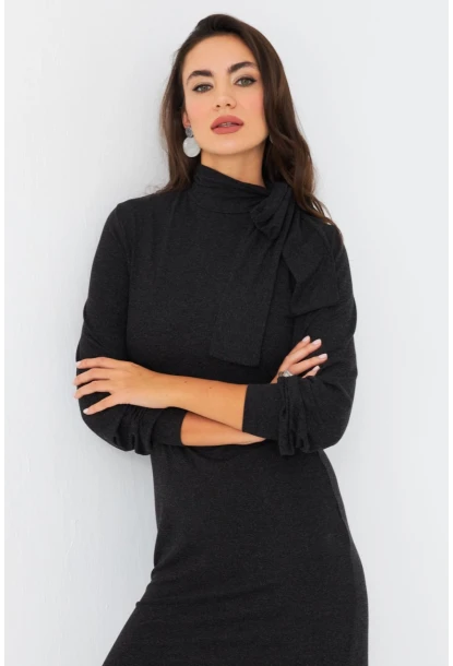 Kadın Antrasit Boyundan Bağlamalı Midi Elbise EY2971