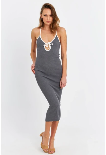 Kadın Antrasit Çapraz Askılı Midi Elbise OR2452