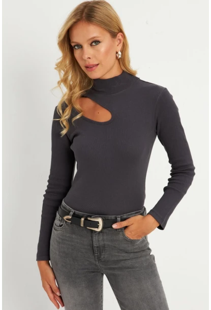 Kadın Antrasit Çapraz Yaka Yarım Balıkçı Bluz B1404