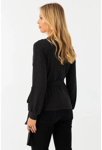 Kadın Antrasit Dantel Detaylı Kruvaze Bluz EY2992
