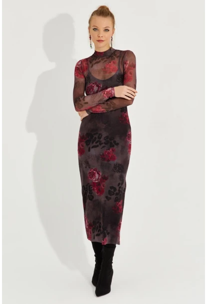 Kadın Antrasit Desenli Midi Tül Elbise YEL221355