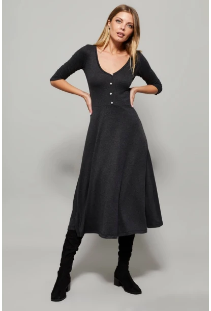 Kadın Antrasit Düğme Aksesuarlı V Yaka Elbise EY1123