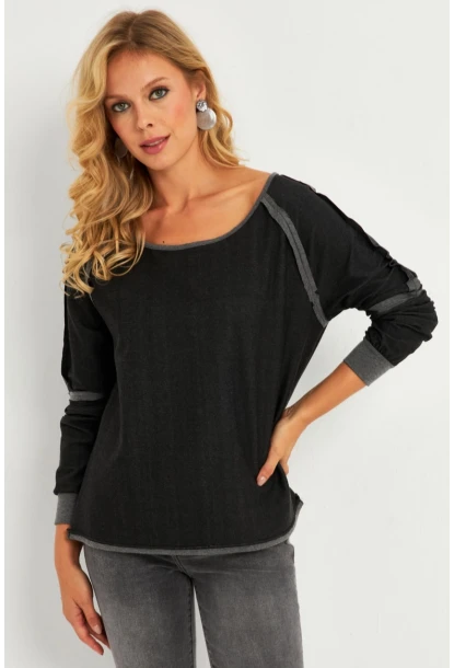 Kadın Antrasit Kayık Yaka Ters Dikişli Sweatshirt TF10