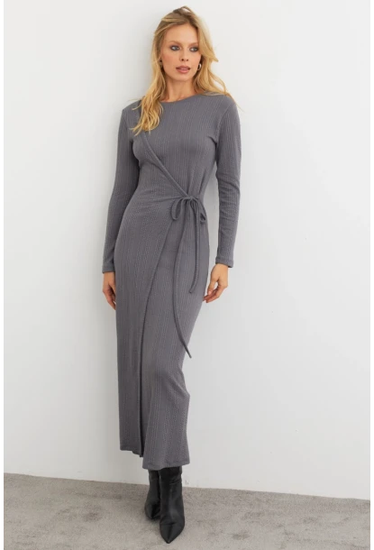 Kadın Antrasit Kruvaze Maxi Elbise MTF31