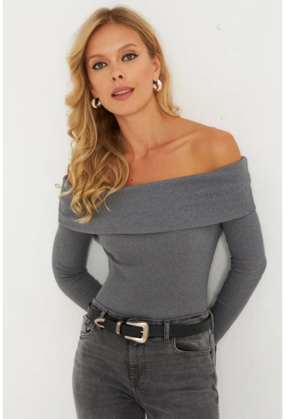 Kadın Antrasit Madonna Yaka Kaşkorse Bluz XL2210