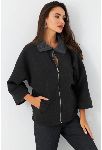 Kadın Antrasit Örme Yaka Kaşe Ceket CAR1080